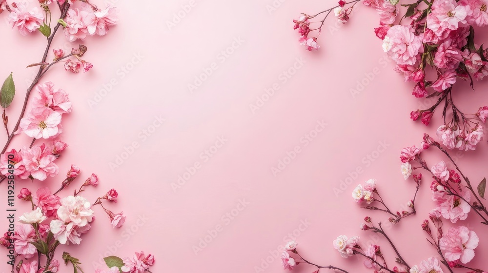 Floral arrangement border on soft pink backdrop creating an elegant and serene empty space for text or design elements. Floral arrangement border on soft pink backdrop creating an elegant and serene empty space for text or design elements.
