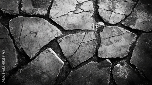 Weathered Stone Pavement with Cracks and Textures in Black and White Close-Up Detail photo