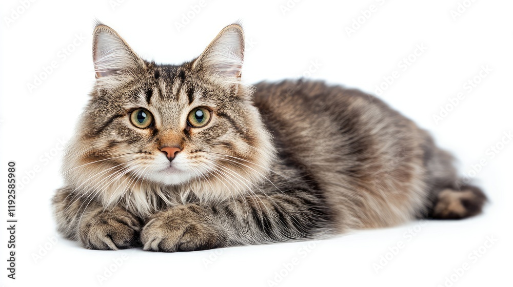 Portrait of a domestic cat with striking green eyes lying gracefully on a white background showcasing its lush fur and playful demeanor Portrait of a domestic cat with striking green eyes lying gracefully on a white background showcasing its lush fur and playful demeanor