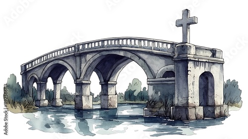 Watercolor illustration of an ancient stone bridge with a cross on one side spanning a tranquil river.