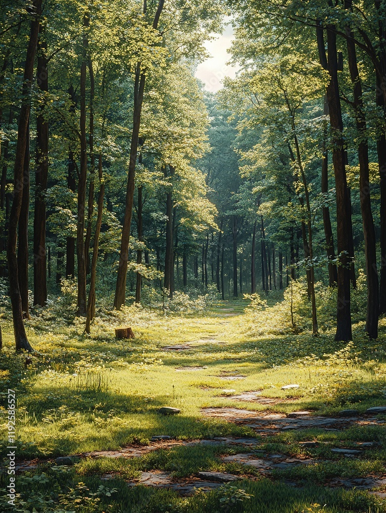 Obraz premium Sunlit forest path, morning mist, tranquil nature scene