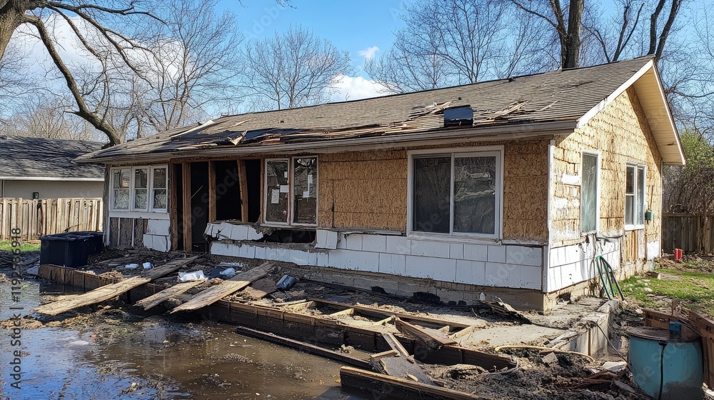 Flood Damaged Residential Home in Need of Repairs After Natural Disaster and Water Damage Restoration Efforts Flood Damaged Residential Home in Need of Repairs After Natural Disaster and Water Damage Restoration Efforts