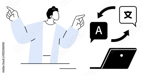 Man points upwards, surrounded by translation icons, arrows indicate language exchange, laptop screen below. Ideal for language learning, digital translation, global communication, education, online