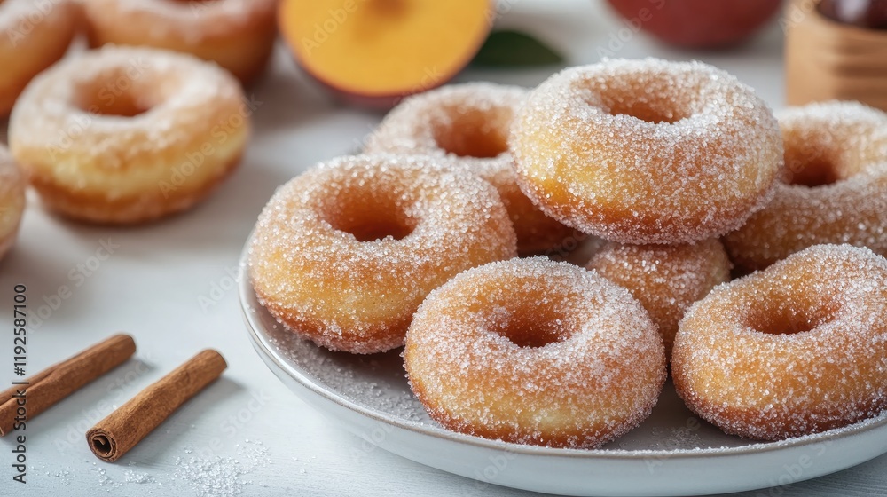 Delicious sugar-coated donuts with quince jam and cinnamon ready to be enjoyed on a white plate with fresh ingredients around