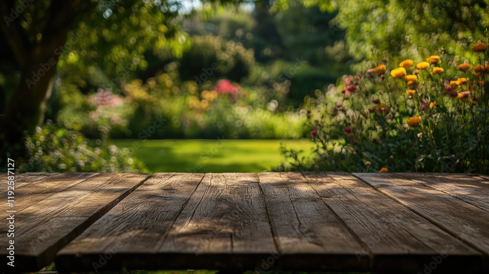 Rustic Wooden Table in Focus with Softly Blurred Lush Garden Scene in Background Ideal for Outdoor Dining or Relaxation Themes Rustic Wooden Table in Focus with Softly Blurred Lush Garden Scene in Background Ideal for Outdoor Dining or Relaxation Themes