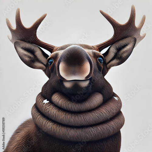 Moose Portrait: Close-up portrait of a majestic moose with its large antlers,  brown fur, and distinctive large nose, staring intently at the camera with an air of curiosity. photo