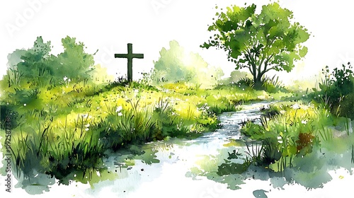 Serene Watercolor Painting of a Tranquil Stream, Lush Greenery, and a Solitary Cross.