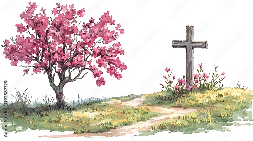 Watercolor Painting of a Blooming Tree, Winding Path, and Wooden Cross in a Pastoral Setting. Watercolor Painting of a Blooming Tree, Winding Path, and Wooden Cross in a Pastoral Setting.