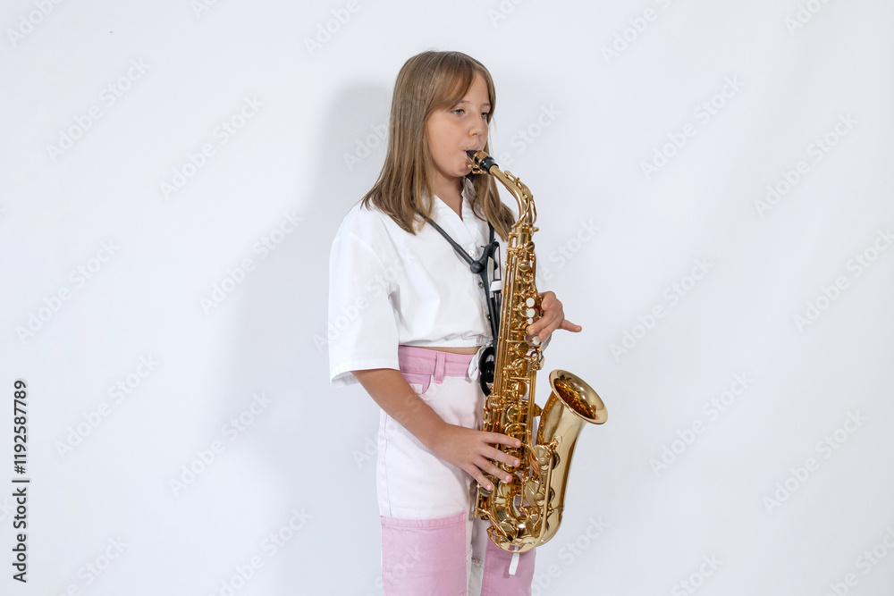 Fototapeta premium Girl playing, practicing the saxophone, playing a melody on a musical instrument, standing against the white background. Out-of-school children activities, lessons