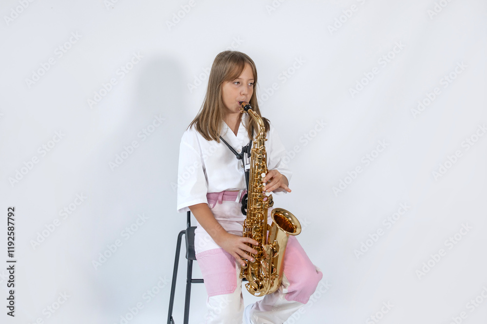 Naklejka premium Girl playing, practicing the saxophone, playing a melody on a musical instrument, sitting on black chair on white background. Out-of-school children activities, lessons