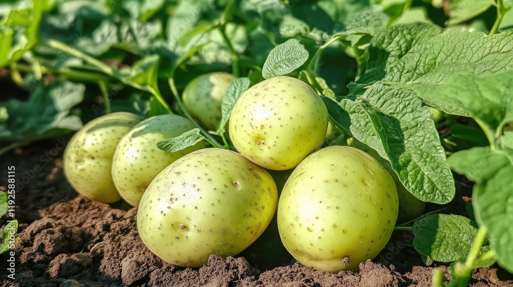 Green potatoes ripening in a farm garden showcasing rural agricultural business and sustainable farming practices.