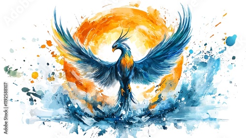 A majestic phoenix rising from a watercolor splash, symbolizing rebirth and renewal.