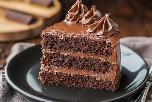 Slice of triple-layer chocolate cake photo