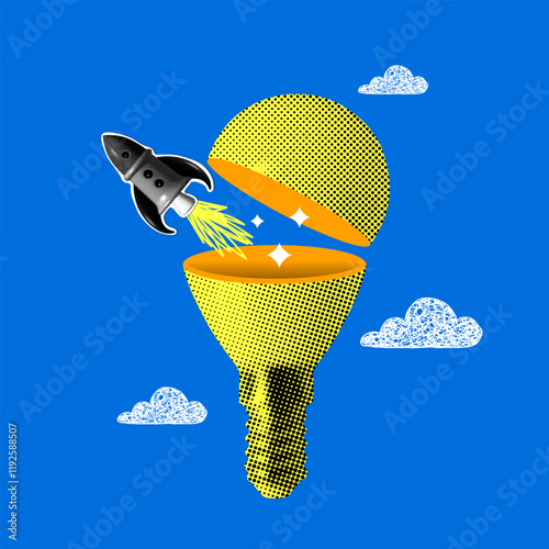 Innovation, idea concept. Modern collage with rocket launching from light bulb. Successful start of business. Breakthrough startup Idea