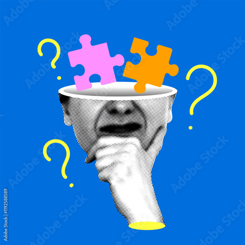 Modern collage with human head, puzzle pieces and question mark. Problem and solution concept. Jigsaw inside head. Halftone part of body. Puzzled woman. FAQ illustration. Person looking for an answer