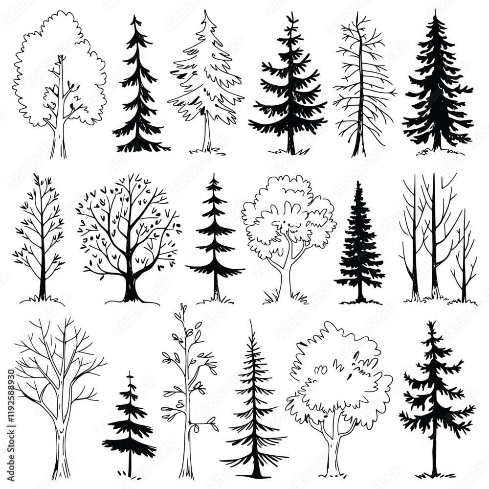 vector image showcases a collection of hand-drawn tree silhouettes. Created with simple black lines on a white background, the trees are drawn in a hand-drawn style, giving them a natural