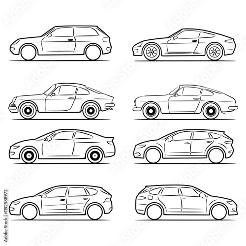vector image showcases a collection of hand-drawn car silhouettes. Created with simple black lines on a white background, the cars are drawn in a hand-drawn style, giving them a sketched or illustrate