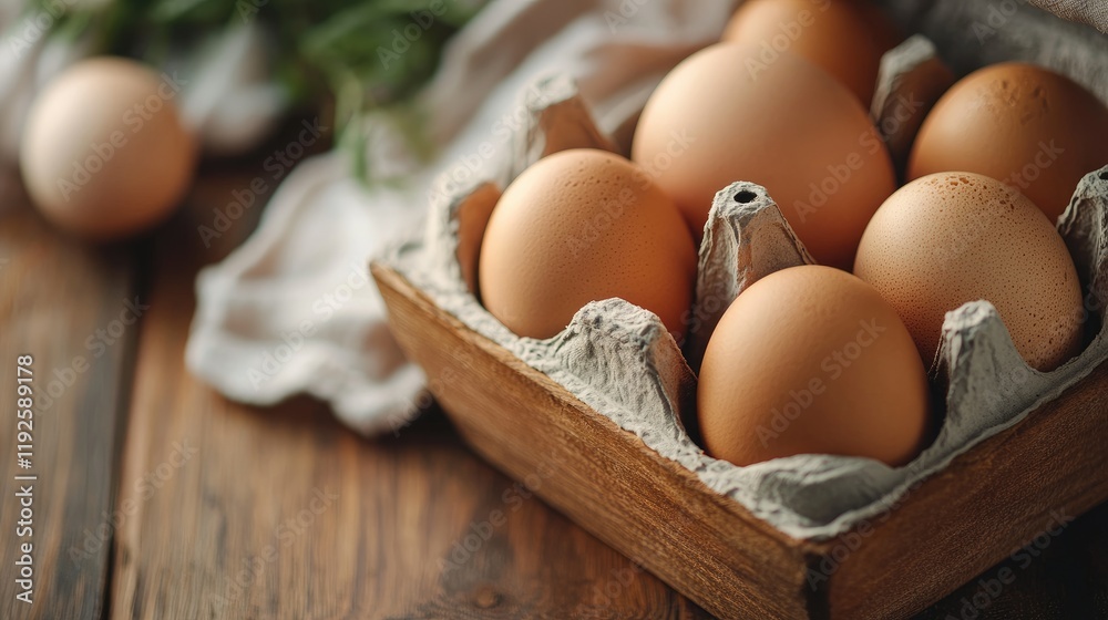 Farm fresh brown eggs in a rustic carton on a wooden table perfect for culinary use with space for text or branding. Farm fresh brown eggs in a rustic carton on a wooden table perfect for culinary use with space for text or branding.