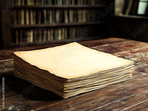 Timeless Stack of Vintage Paper on Wooden Table for Classic Document Storage photo