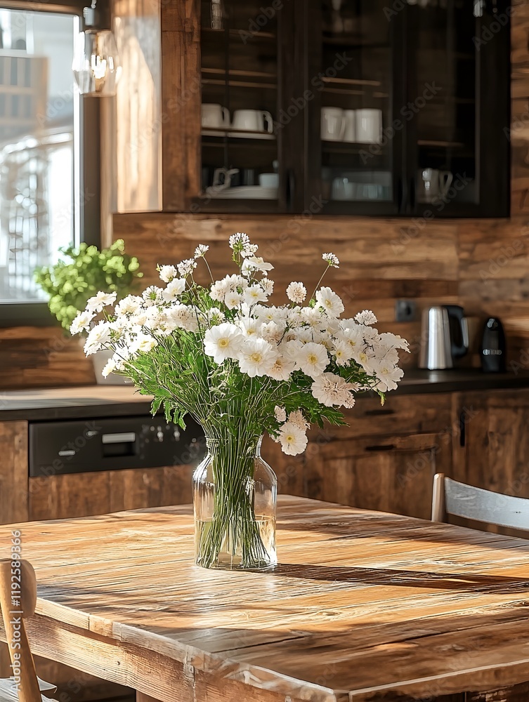 Obraz premium A serene kitchen interior featuring a vase of white flowers on a rustic wooden table, with warm sunlight
