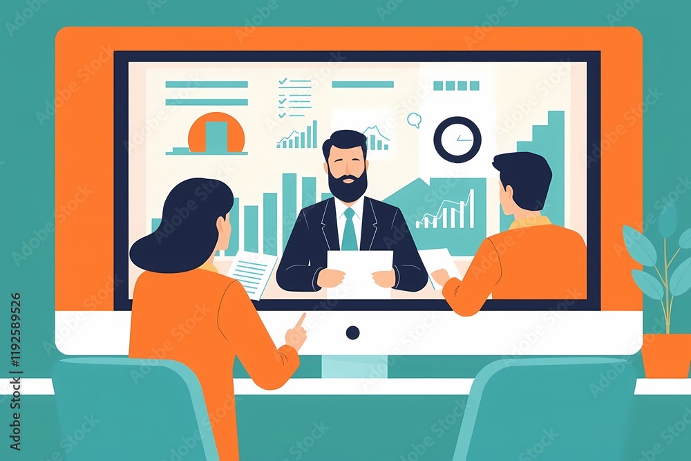 Virtual Meeting Productivity: A flat-design illustration depicts two colleagues attentively participating in a virtual meeting on a large computer screen. Virtual Meeting Productivity: A flat-design illustration depicts two colleagues attentively participating in a virtual meeting on a large computer screen.