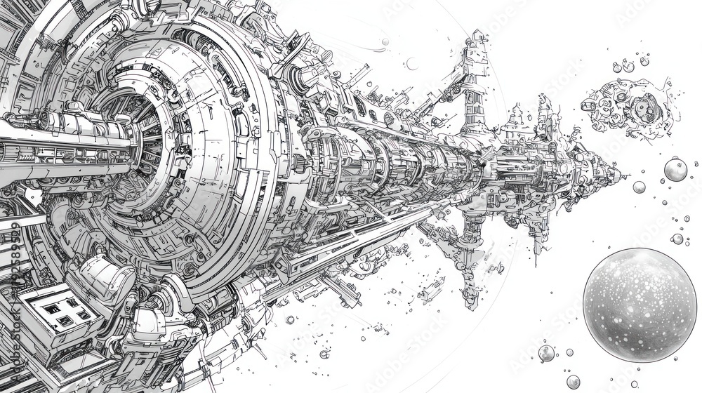 Obraz premium Gigantic Spacecraft in the Cosmos: A Monochromatic Masterpiece
