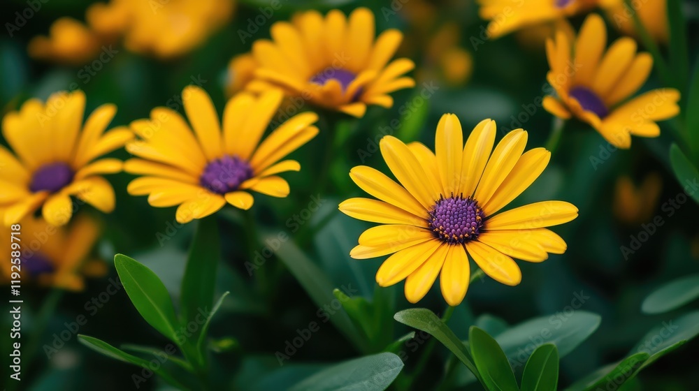 Close up vibrant yellow daisies with violet centers amidst lush green foliage in a summer garden showcasing colorful floral beauty. Close up vibrant yellow daisies with violet centers amidst lush green foliage in a summer garden showcasing colorful floral beauty.