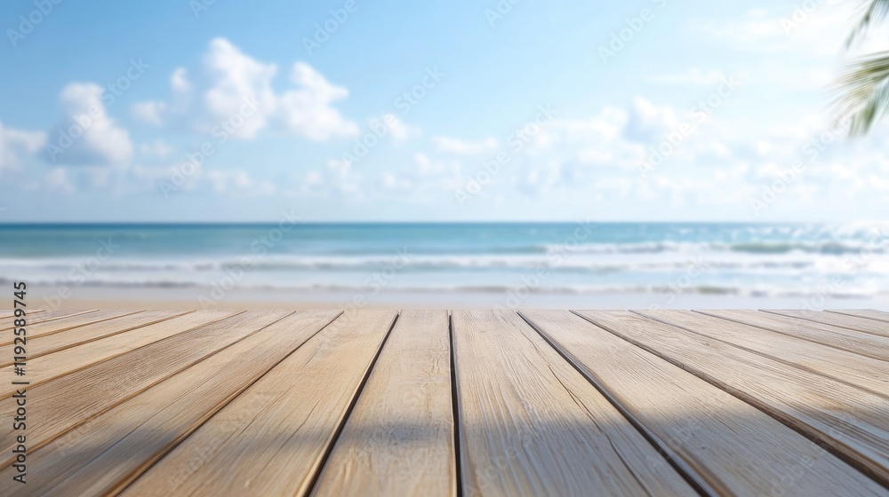 Fototapeta premium Serene Empty Wooden Deck Overlooking Blurred Tropical Beach and Clear Blue Sky