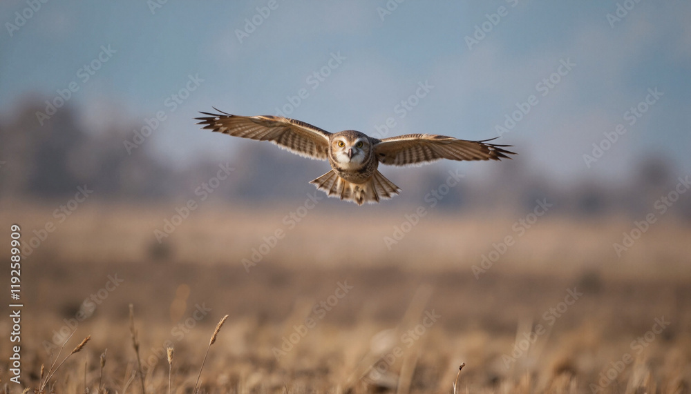 Short-eared owl flying at dusk over open field, winter migration Short-eared owl flying at dusk over open field, winter migration