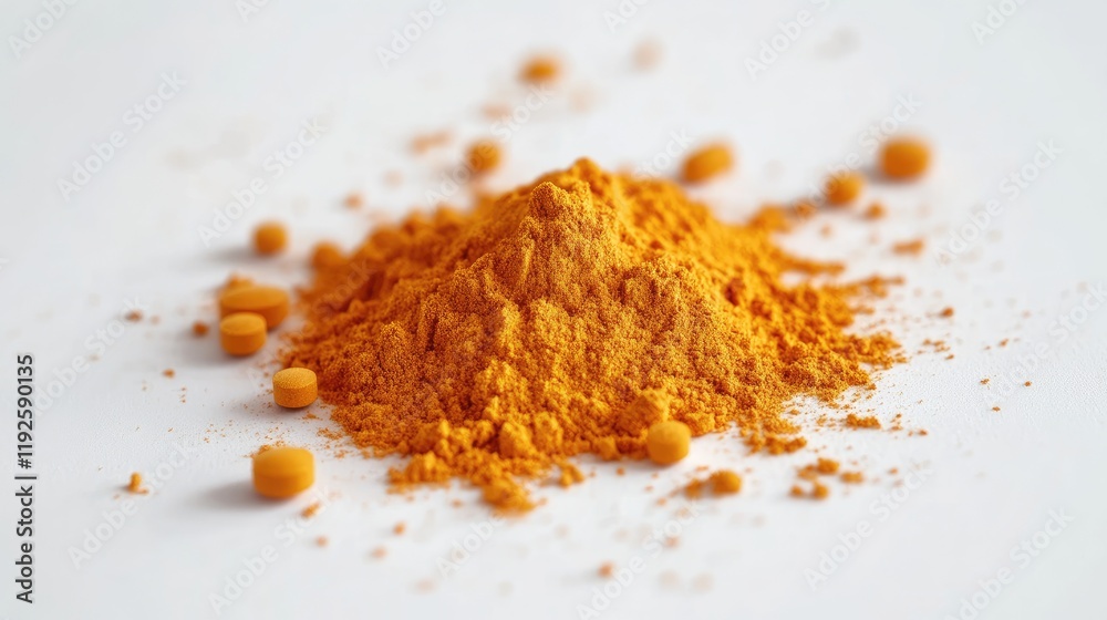 Crushed Orange Pills and Vibrant Powder Mound on a Clean White Surface Crushed Orange Pills and Vibrant Powder Mound on a Clean White Surface