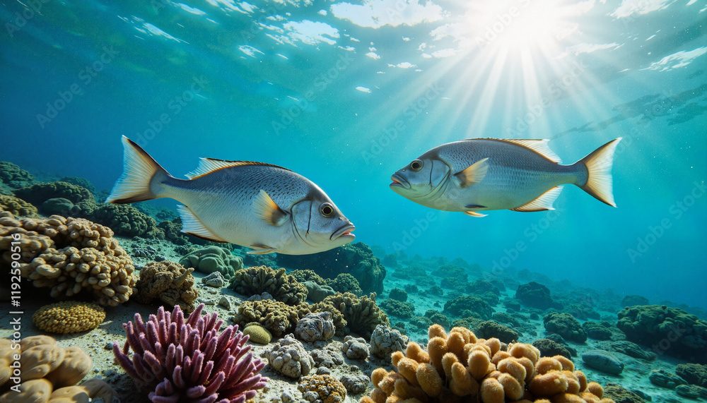 Fototapeta premium Fish swimming in vibrant coral reef, illuminated by sunrays, marine life