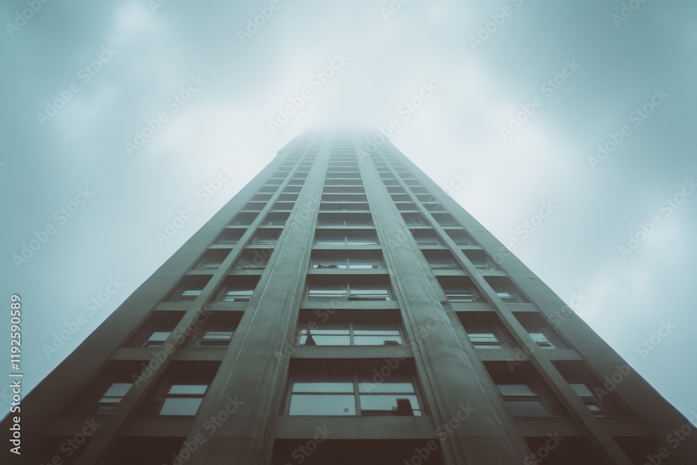 Futuristic Skyscraper Amidst Foggy Skyline with Moody Atmosphere Futuristic Skyscraper Amidst Foggy Skyline with Moody Atmosphere
