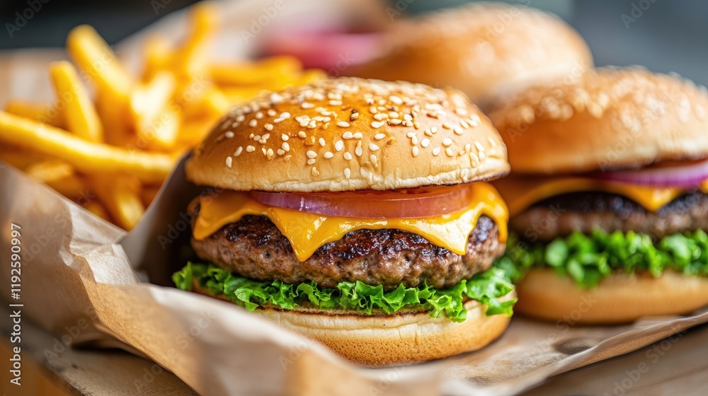 Delicious fast food featuring cheeseburgers and crispy fries perfect for quick meals and satisfying cravings on the go Delicious fast food featuring cheeseburgers and crispy fries perfect for quick meals and satisfying cravings on the go