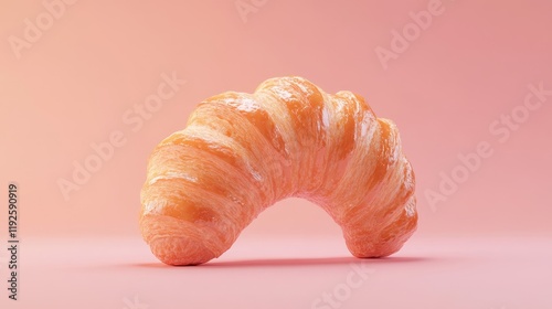 Flaky golden croissant on a soft pink background showcasing its texture and shape for culinary or bakery themed projects photo