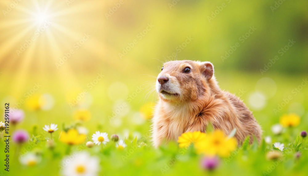 Fototapeta premium Curious marmot observing wildflowers in sunny meadow, climate awareness
