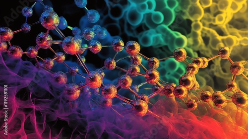 Colorful visualization of polymers monomers depicting dynamic chain formation and applications in material science and biotechnology