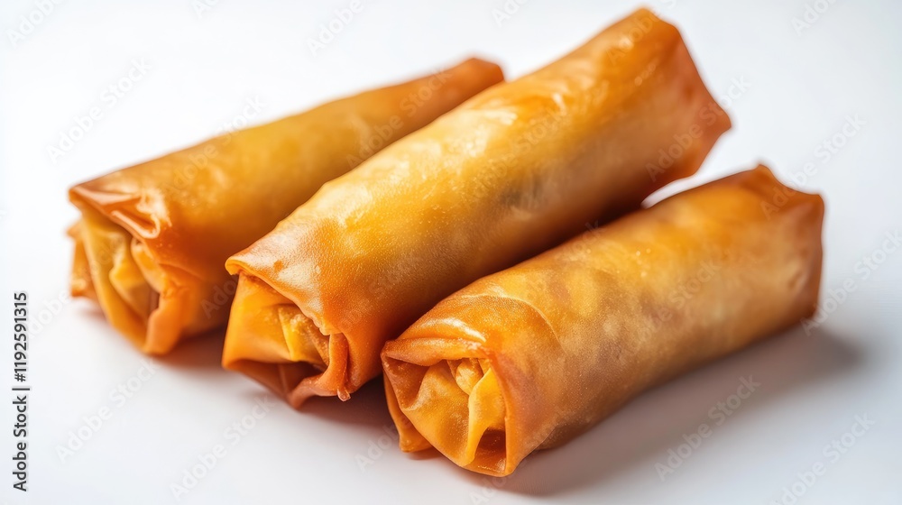 Crispy golden spring rolls stacked on a clean white surface showcasing their delicious texture and appetizing appearance Crispy golden spring rolls stacked on a clean white surface showcasing their delicious texture and appetizing appearance