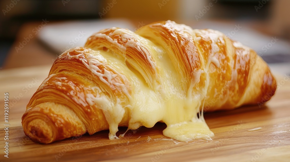 Golden croissant with gooey melted cheese oozing from flaky layers on a wooden surface ideal for culinary and food photography. Golden croissant with gooey melted cheese oozing from flaky layers on a wooden surface ideal for culinary and food photography.