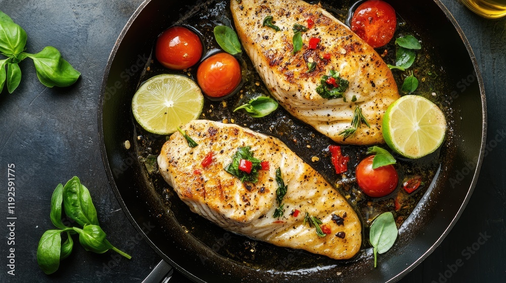 Grilled fish fillets in a frying pan with fresh tomatoes, herbs, and lime garnishing on the stove for a delicious meal preparation. Grilled fish fillets in a frying pan with fresh tomatoes, herbs, and lime garnishing on the stove for a delicious meal preparation.