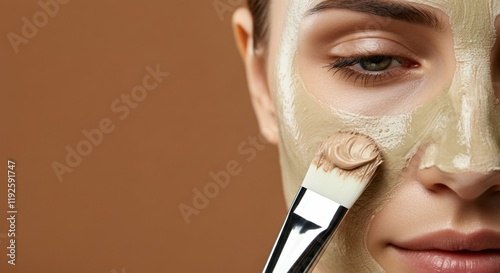 Woman applying a green facial mask with a brush for skincare photo