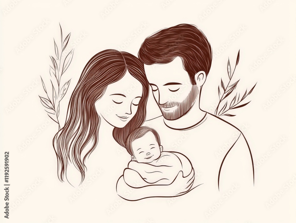 Gentle and serene illustration of a young couple holding their baby, surrounded by earthy tones and botanical elements, symbolizing harmony, love, and the beauty of family life Gentle and serene illustration of a young couple holding their baby, surrounded by earthy tones and botanical elements, symbolizing harmony, love, and the beauty of family life