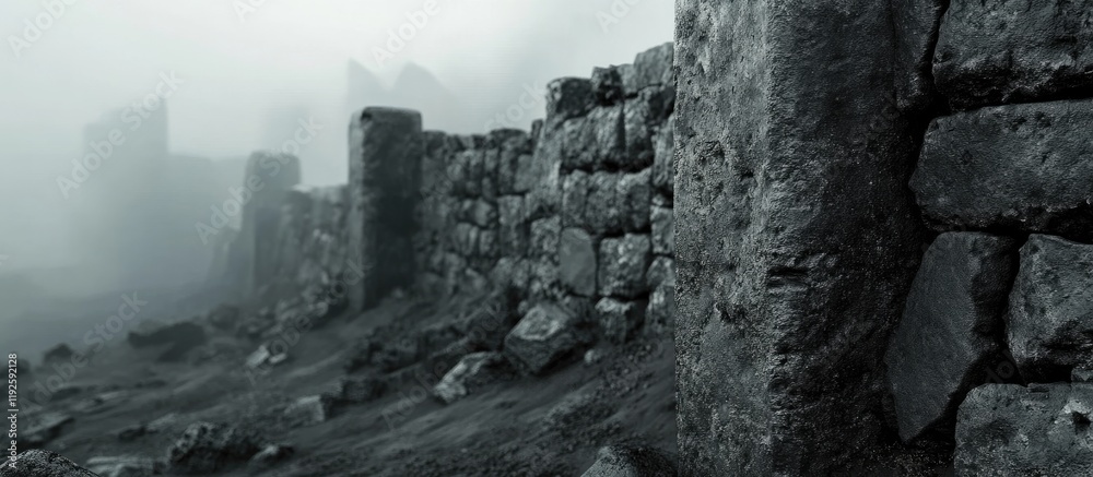Fototapeta premium Basalt column wall corner on misty battlefield with ample empty space for text and dramatic atmospheric background