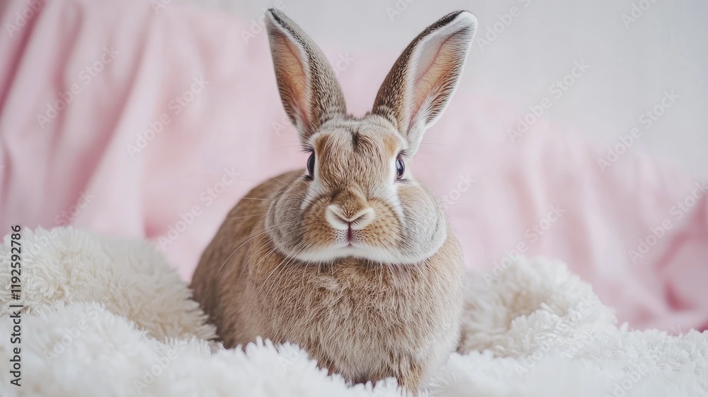 Obraz premium Flemish Giant Rabbit Sitting Comfortably on Soft White Fur in Light Background