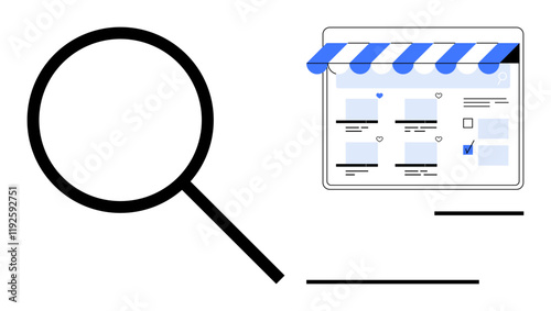 Magnifying glass next to an online store page with canopy. Ideal for e-commerce, digital marketing, product search, online shopping, website optimization, user experience, business strategy. Abstract