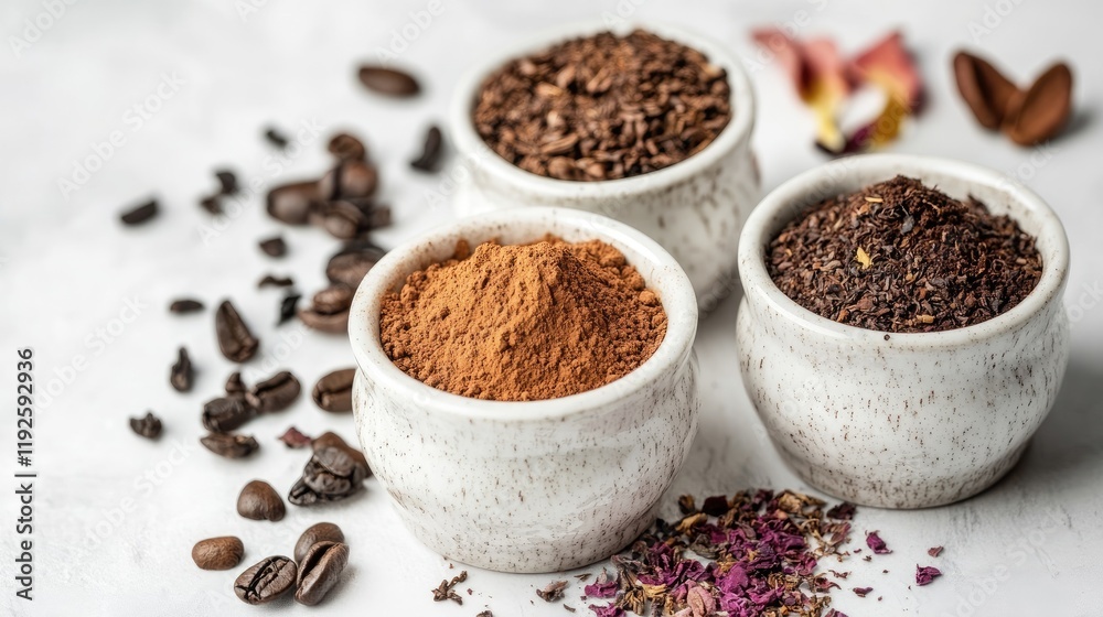 Cocoa powder dried tea leaves and ground coffee in ceramic containers on marble surface with scattered coffee beans and petals Cocoa powder dried tea leaves and ground coffee in ceramic containers on marble surface with scattered coffee beans and petals