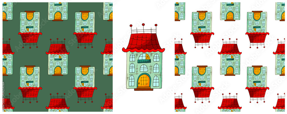 Fototapeta premium Houses. Set city seamless patterns. Pattern in hand draw style