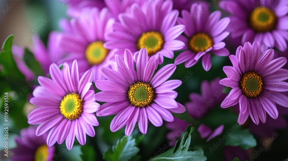 Fototapeta premium Vibrant floral arrangement showcasing lush purple daisies complemented by rich green foliage