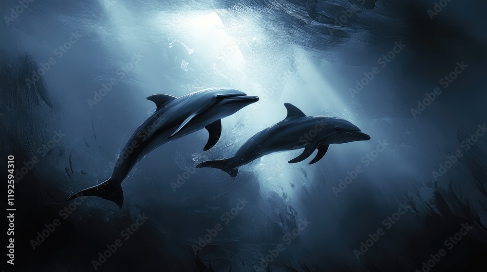 Fototapeta premium Graceful dolphins swimming under the serene ocean surface illuminated by gentle rays of light showcasing marine beauty and tranquility.