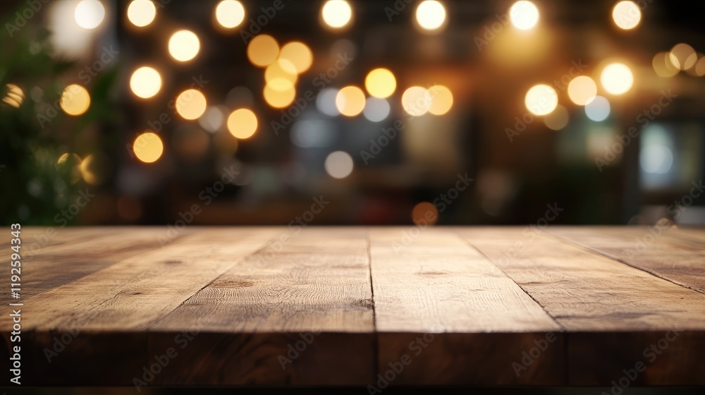 Rustic wooden tabletop with warm bokeh lights in restaurant setting ideal for product showcase and presentations. Rustic wooden tabletop with warm bokeh lights in restaurant setting ideal for product showcase and presentations.