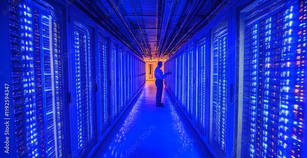 Fototapeta premium A technician inspecting server racks in a dimly lit data center with blue lighting effects